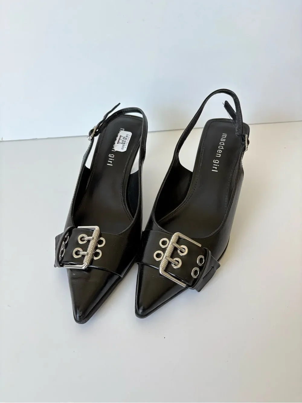Madden Girl Black Pointed-Toe Slingback Heel with Silver Buckle